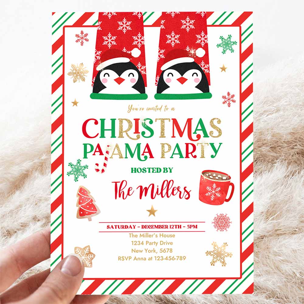 Christmas Pajama Party Invites Red And Gold Holiday Pajama Party Invitation Holiday Christmas Pajama Party