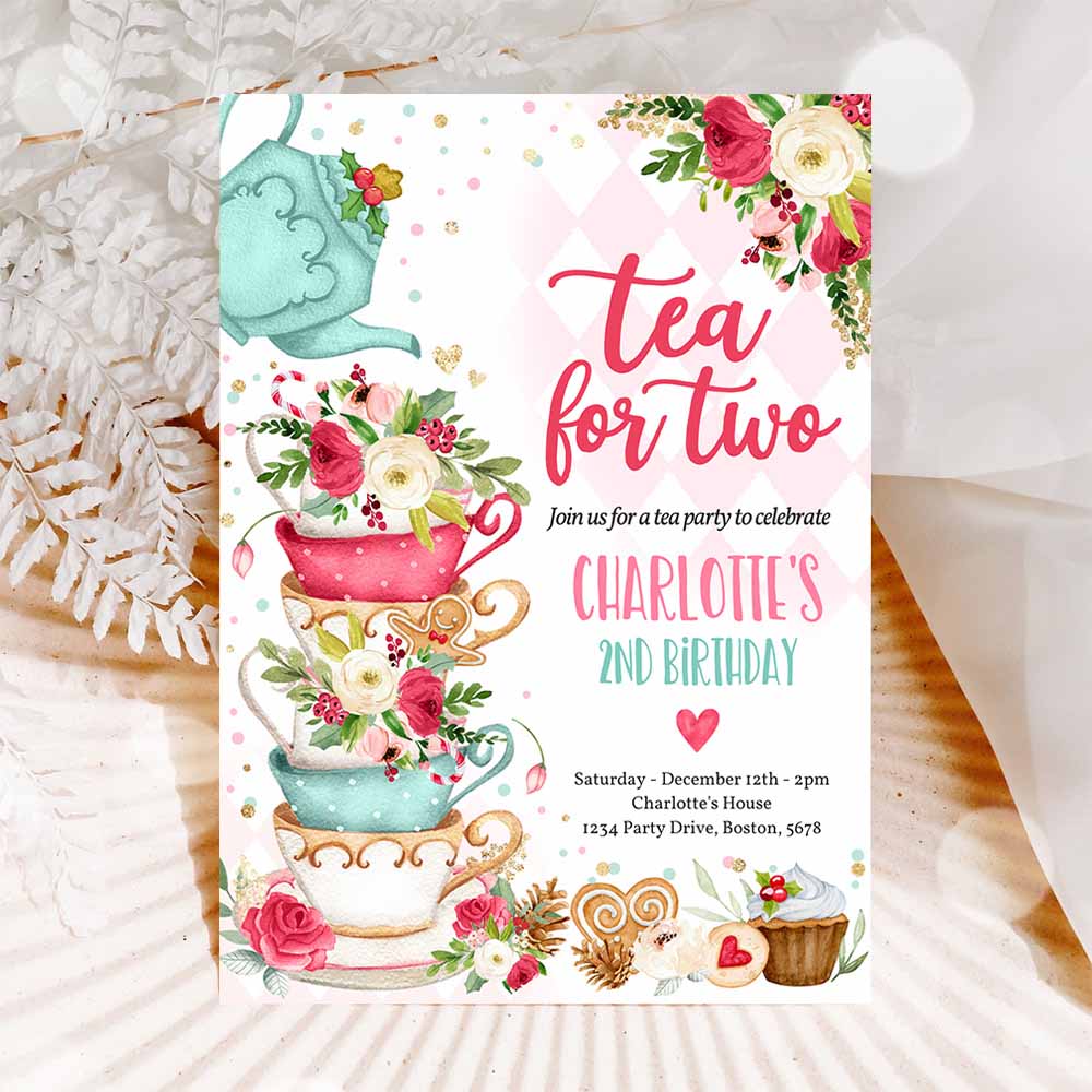 Christmas Tea For Two 2nd Birthday Invitation Pink Red Gold Winter Floral Birthday Whimsical Winter Tea Party