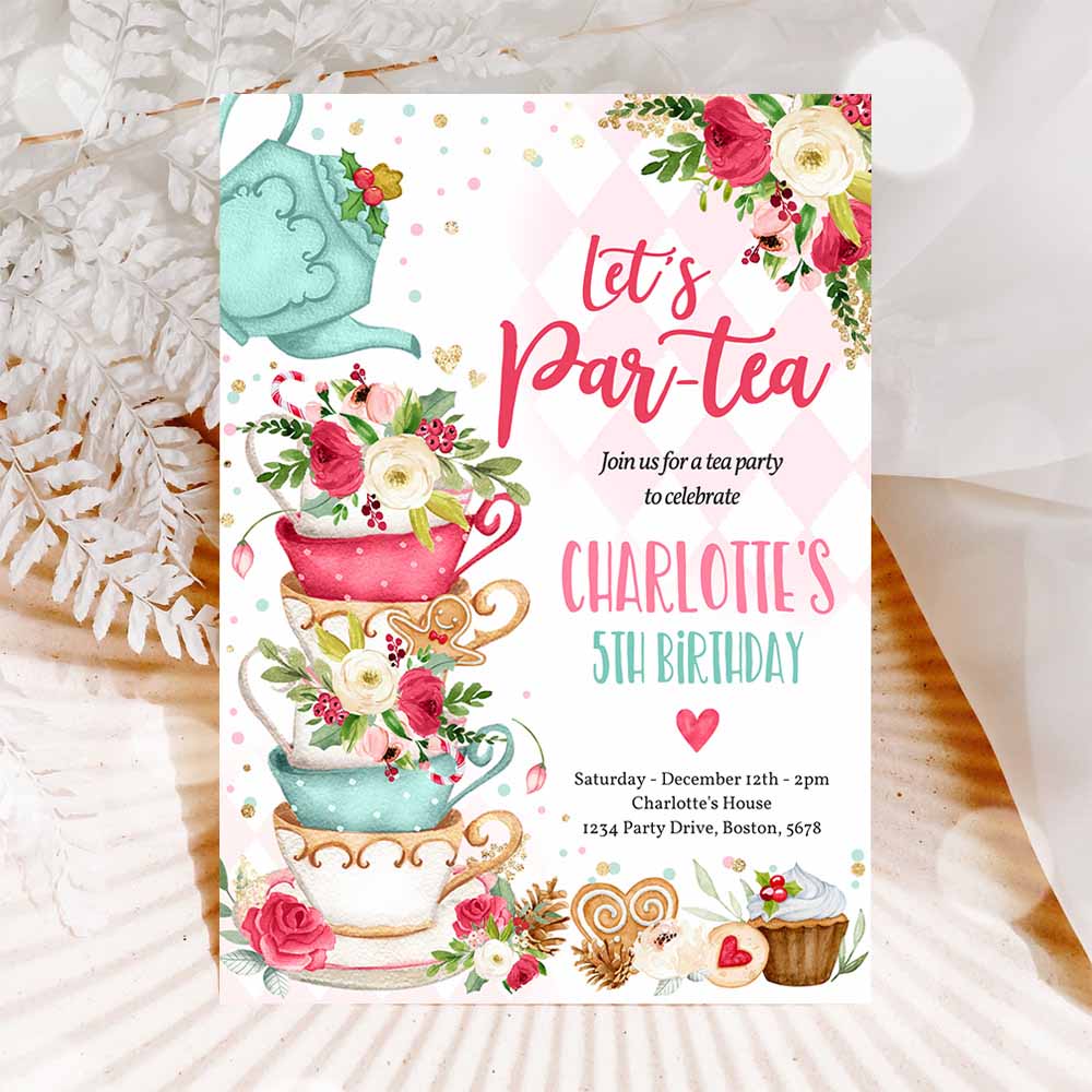 Christmas Tea Party Birthday Party Invitation Pink Red Gold Winter Floral Birthday Whimsical Winter Tea Party