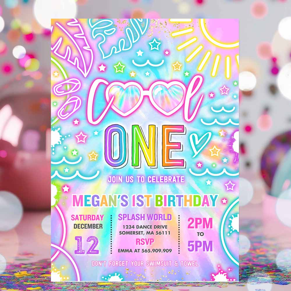 Cool One Pool 1st Birthday Party Invitation Glow Neon Tie Dye Summer Waterslide Waterpark Splash Pad Pool Party