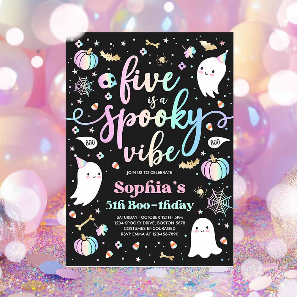 Five Is A Spooky Vibe Halloween Ghost 5th Birthday Party Invitation Cute Ghost 5th Birthday Spooktacular Party