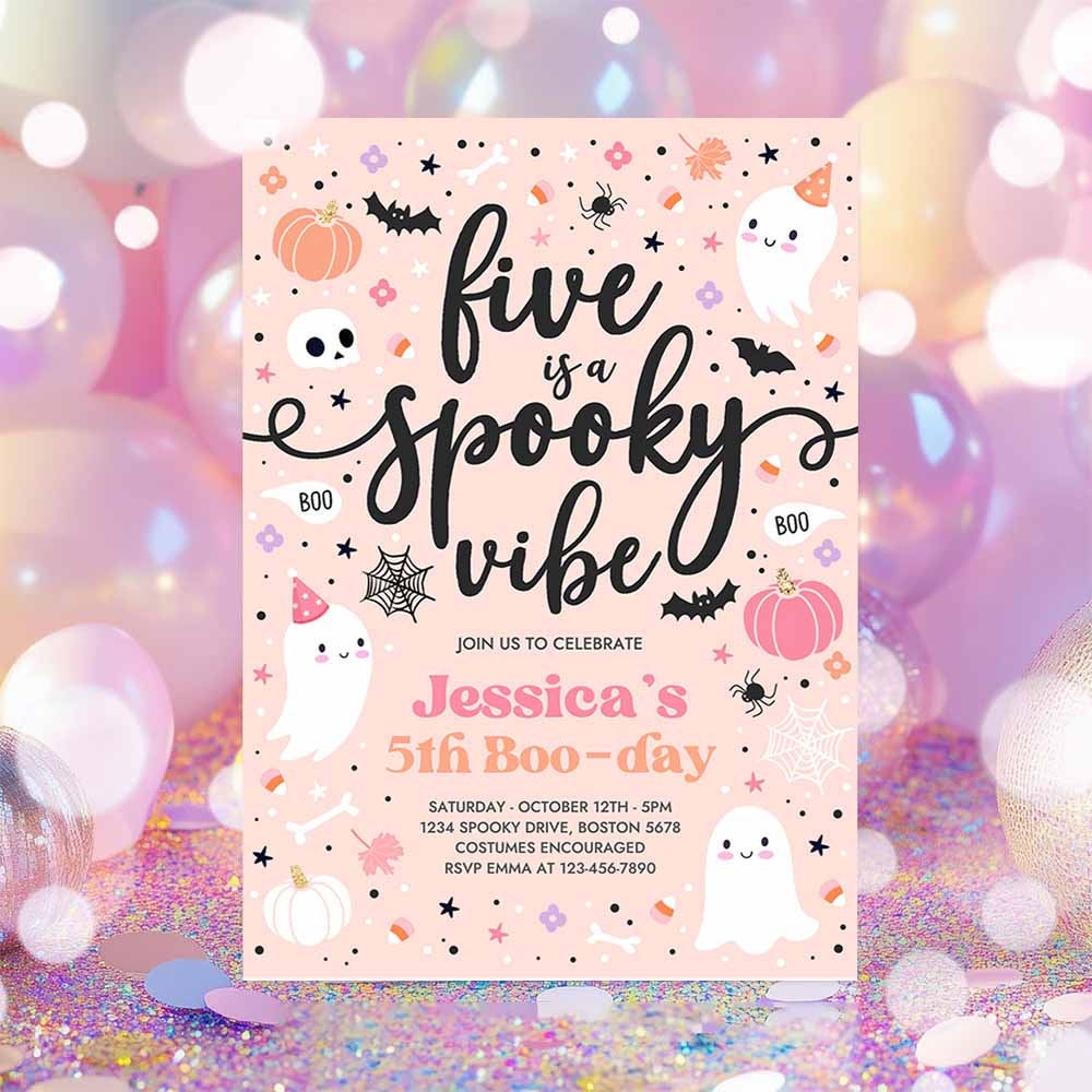 Five Is A Spooky Vibe Halloween Ghost 5th Birthday Party Invitation Cute Ghost 5th Birthday Spooktacular Party