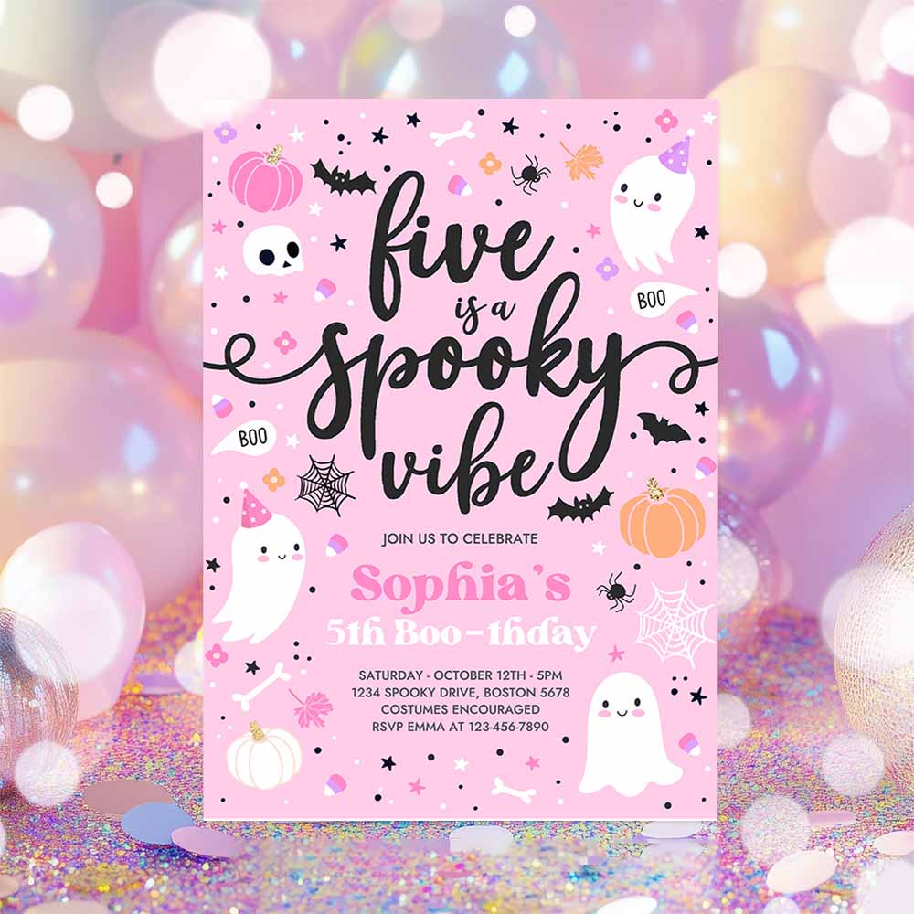 Five Is A Spooky Vibe Halloween Ghost 5th Birthday Party Invitation Cute Ghost 5th Birthday Spooktacular Party