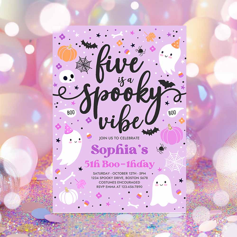 Five Is A Spooky Vibe Halloween Ghost 5th Birthday Party Invitation Cute Ghost 5th Birthday Spooktacular Party