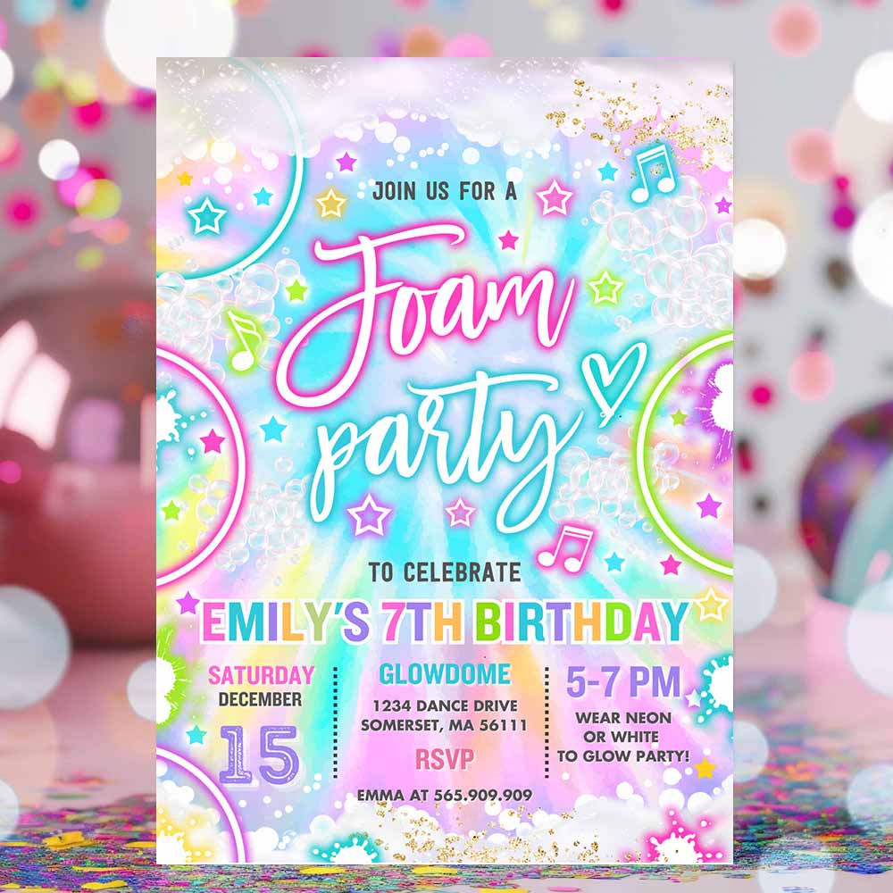 Foam Birthday Party Invitation Tie Dye Foam Birthday Party Glow Neon Summer Foam Water Bubble Birthday Party