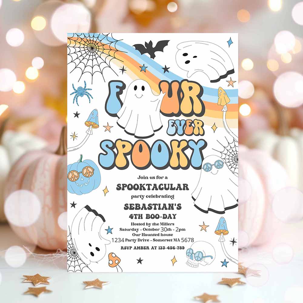 Four Ever Spooky Halloween Ghost 4th Birthday Invitation Retro Groovy Ghost Birthday Hippie Halloween Party