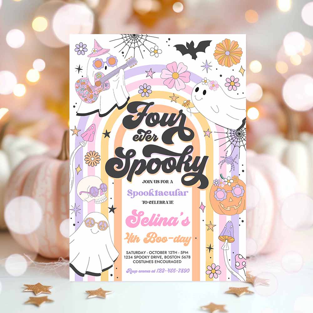 Four Ever Spooky Halloween Ghost 4th Birthday Invitation Retro Groovy Rainbow Ghost Birthday Hippie Halloween