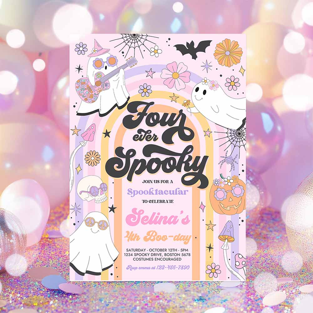 Four Ever Spooky Halloween Ghost 4th Birthday Invitation Retro Groovy Rainbow Ghost Birthday Hippie Halloween