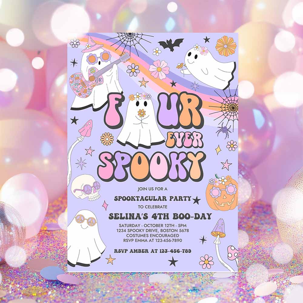 Four Ever Spooky Halloween Ghost 4th Birthday Invitation Retro Groovy Rainbow Ghost Birthday Hippie Halloween