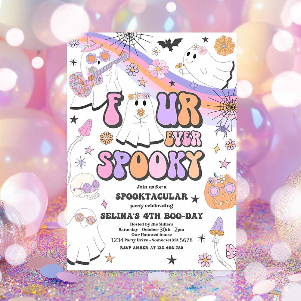 Four Ever Spooky Halloween Ghost 4th Birthday Invitation Retro Groovy Rainbow Ghost Birthday Hippie Halloween