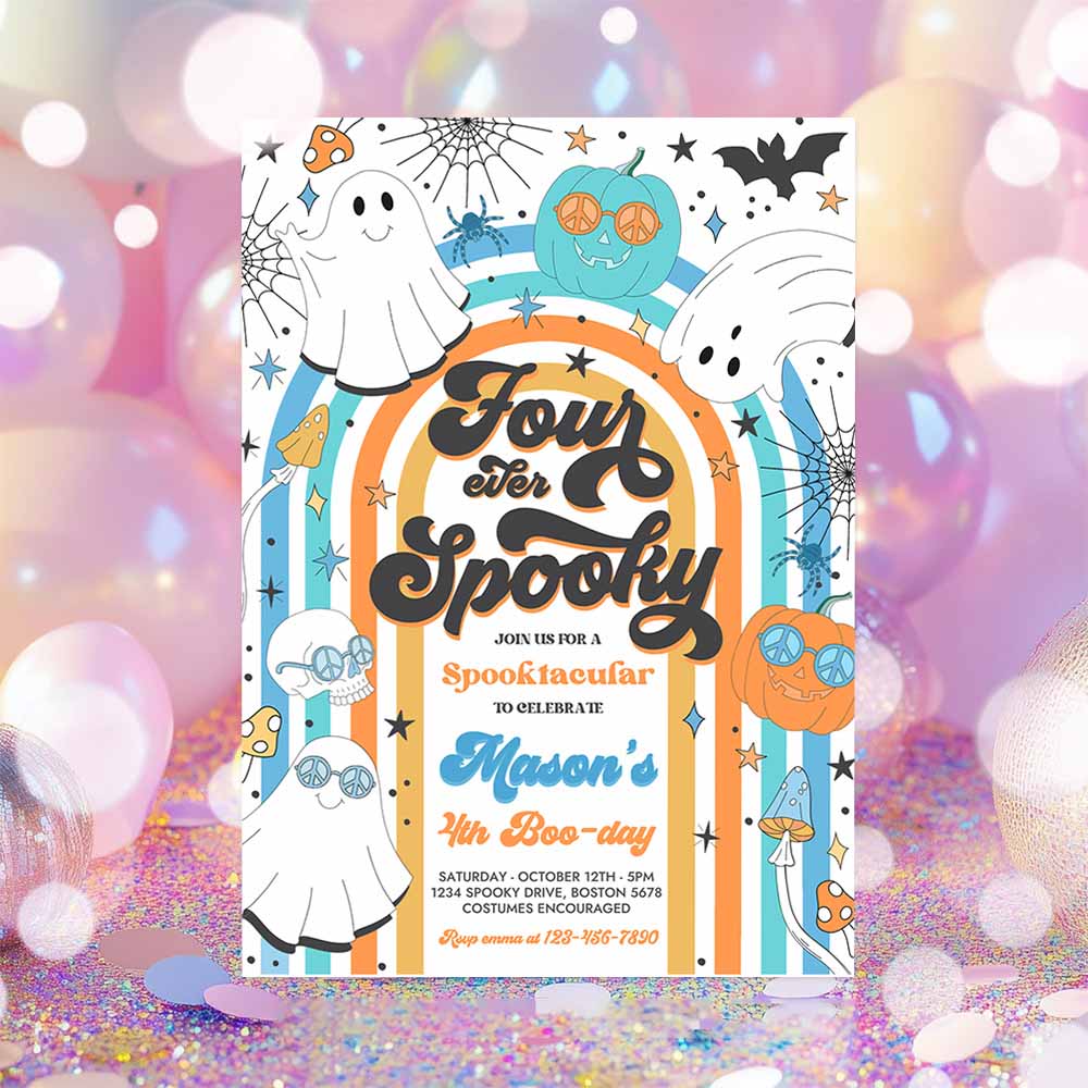 Four Ever Spooky Halloween Ghost 4th Birthday Invitation Retro Groovy Rainbow Ghost Birthday Hippie Halloween