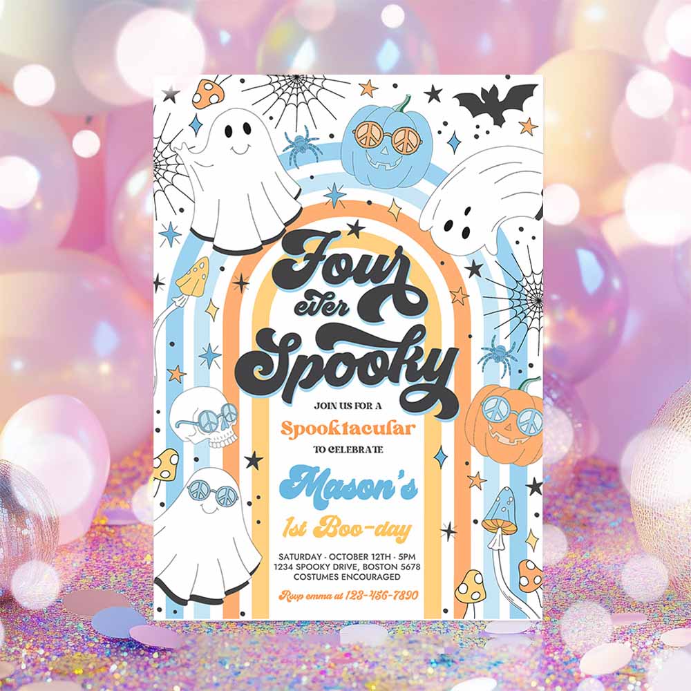 Four Ever Spooky Halloween Ghost 4th Birthday Invitation Retro Groovy Rainbow Ghost Birthday Hippie Halloween