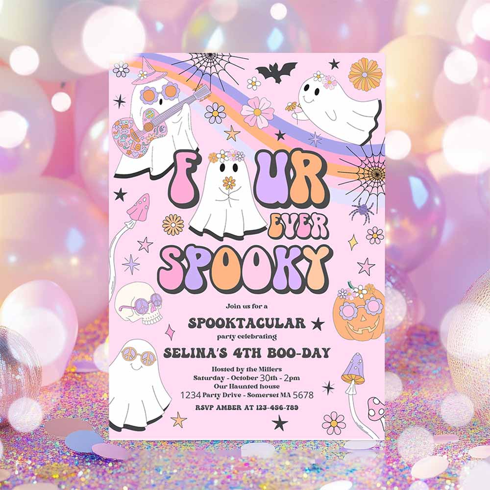 Four Ever Spooky Halloween Ghost 4th Birthday Invitation Retro Groovy Rainbow Ghost Birthday Hippie Halloween