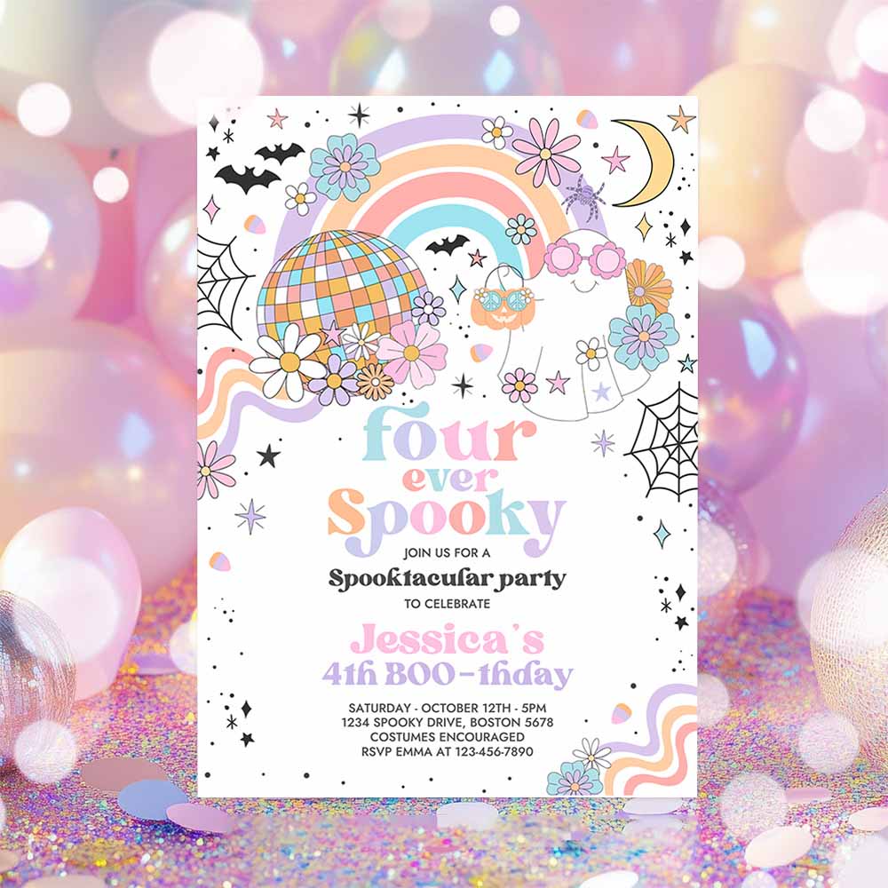 Four Ever Spooky Halloween Ghost 4th Birthday Invitation Retro Groovy Rainbow Ghost Party Hippie Halloween