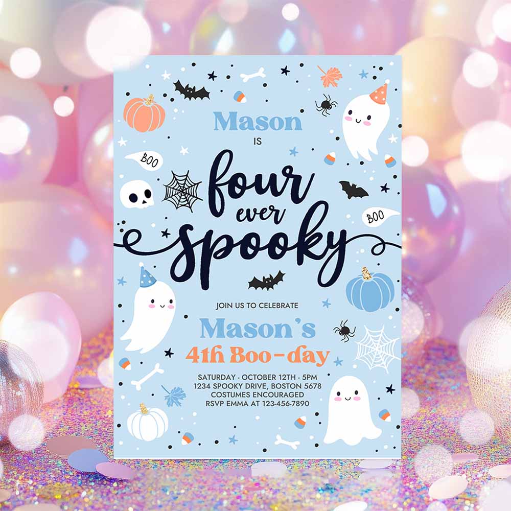 Four Ever Spooky Halloween Ghost 4th Birthday Party Invitation Blue Ghost 4th Birthday Spooktacular Party