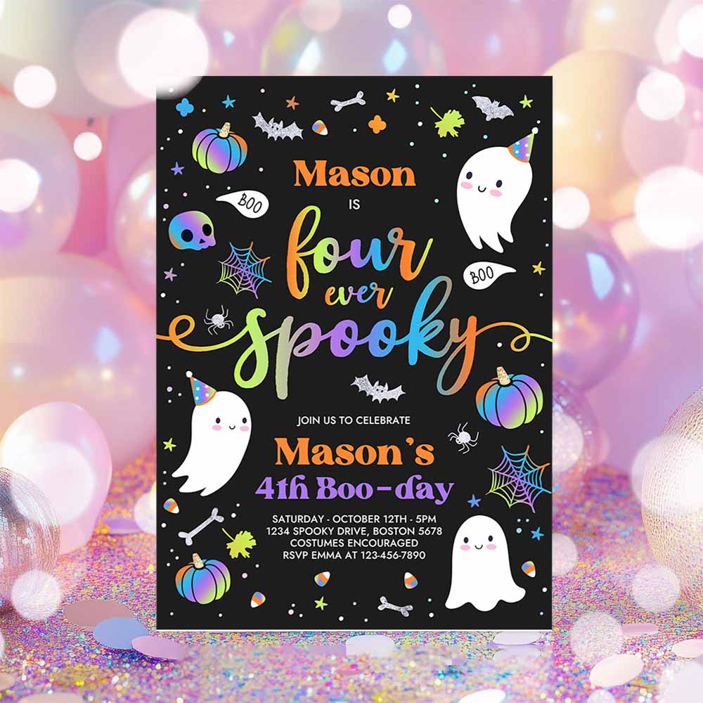 Four Ever Spooky Halloween Ghost 4th Birthday Party Invitation Blue Ghost 4th Birthday Spooktacular Party