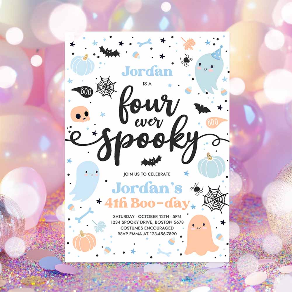 Four Ever Spooky Halloween Ghost 4th Birthday Party Invitation Blue Ghost 4th Birthday Spooktacular Party