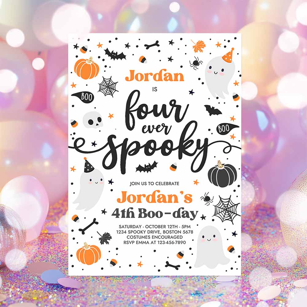 Four Ever Spooky Halloween Ghost 4th Birthday Party Invitation Blue Ghost 4th Birthday Spooktacular Party