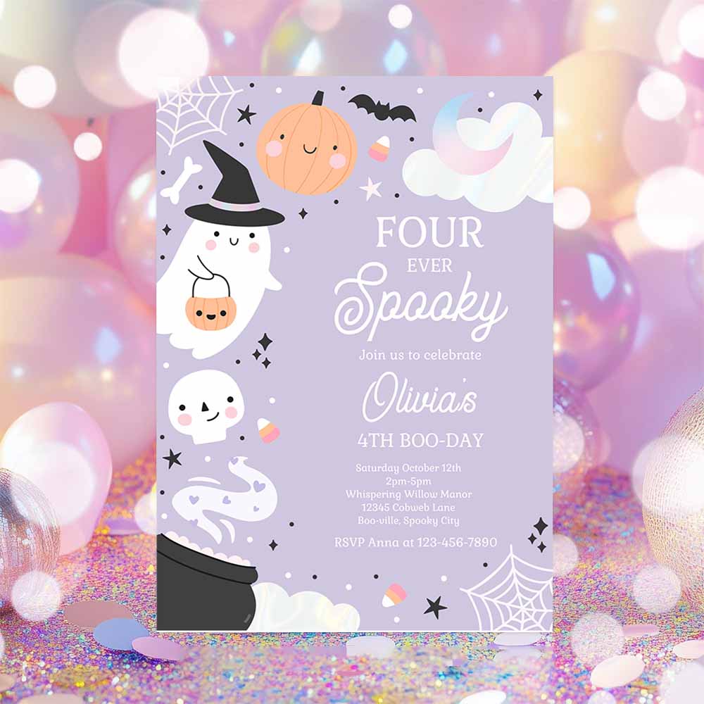 Four Ever Spooky Halloween Ghost 4th Birthday Party Invitation Boho Groovy Ghost Halloween Birthday Party