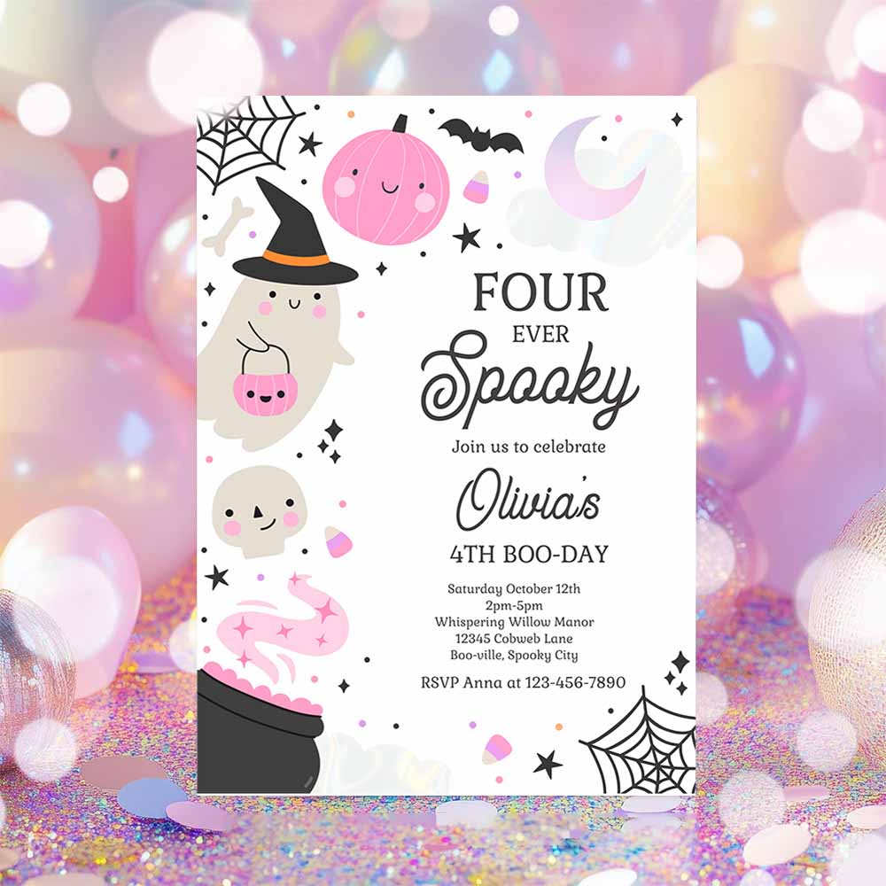 Four Ever Spooky Halloween Ghost 4th Birthday Party Invitation Boho Groovy Ghost Halloween Birthday Party