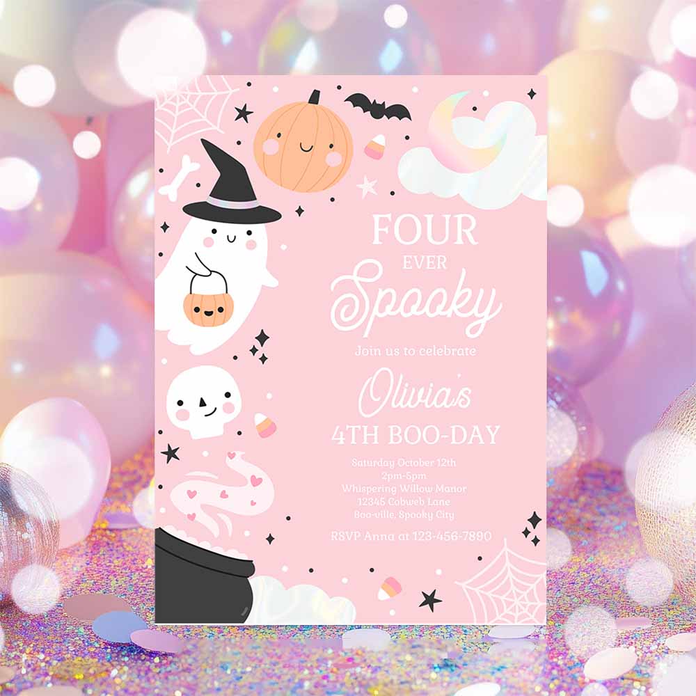 Four Ever Spooky Halloween Ghost 4th Birthday Party Invitation Boho Groovy Ghost Halloween Birthday Party