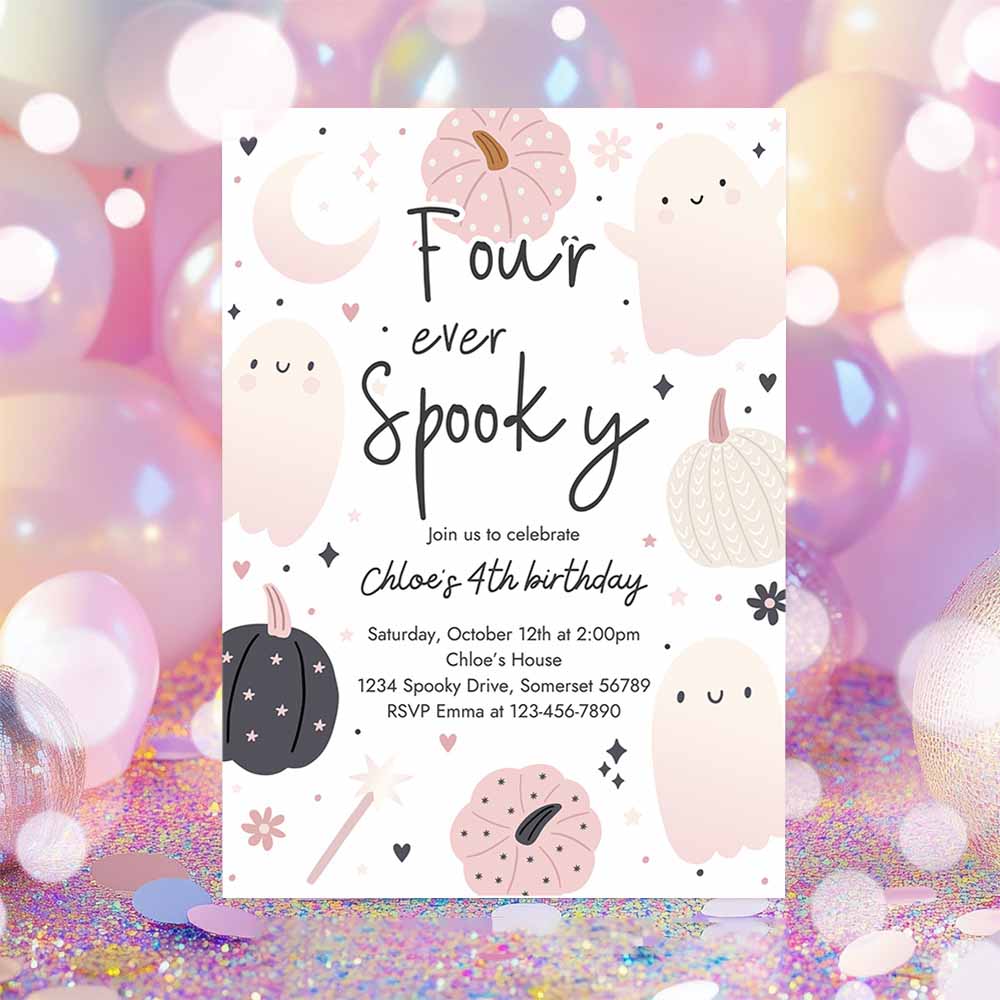 Four Ever Spooky Halloween Ghost 4th Birthday Party Invitation Boho Groovy Ghost Halloween Birthday Party