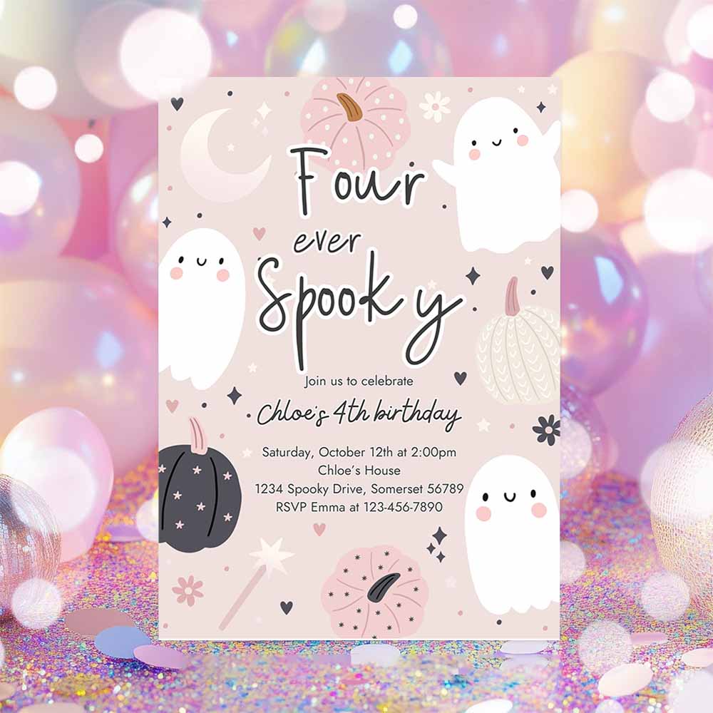 Four Ever Spooky Halloween Ghost 4th Birthday Party Invitation Boho Groovy Ghost Halloween Birthday Party