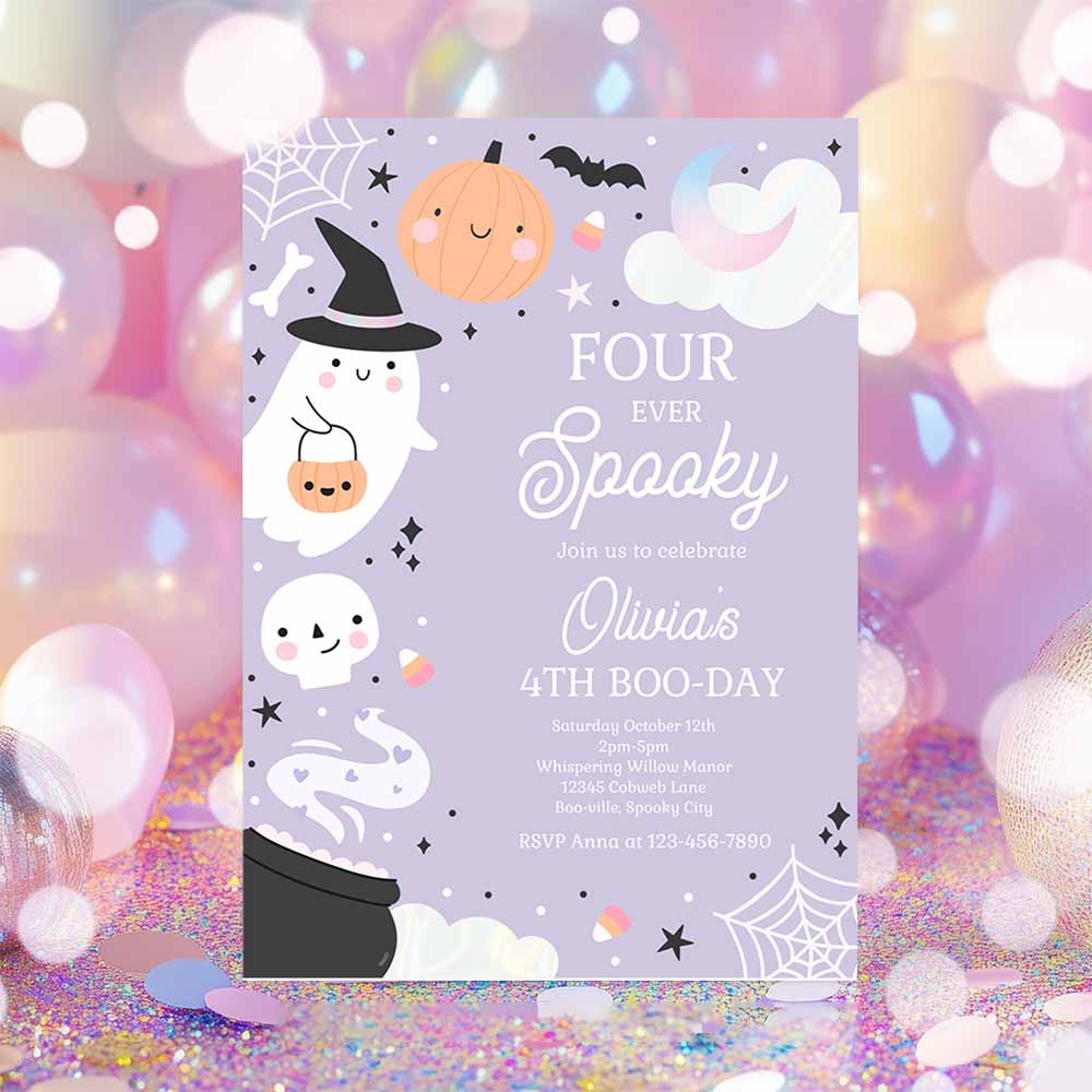 Four Ever Spooky Halloween Ghost 4th Birthday Party Invitation Boho Groovy Ghost Halloween Birthday Party