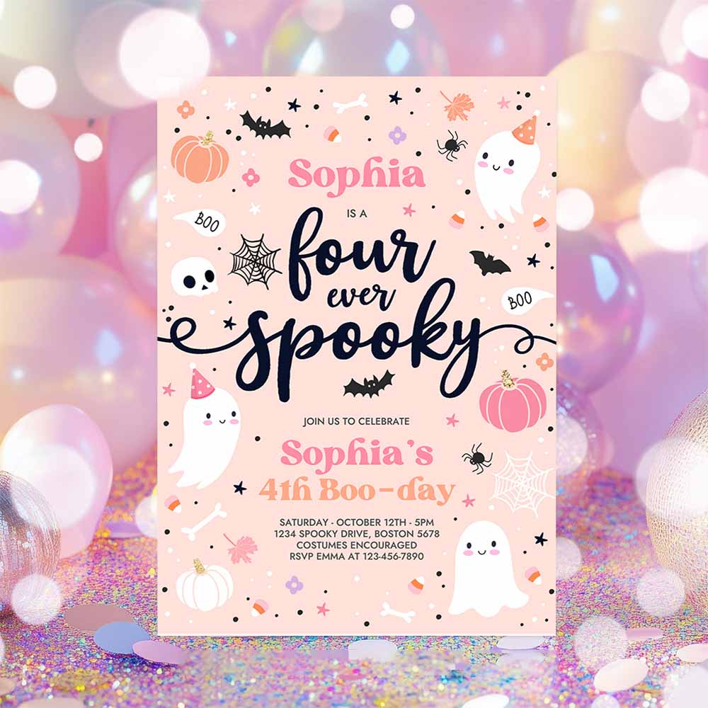 Four Ever Spooky Halloween Ghost 4th Birthday Party Invitation Cute Pink Ghost 3rd Birthday Spooktacular Party