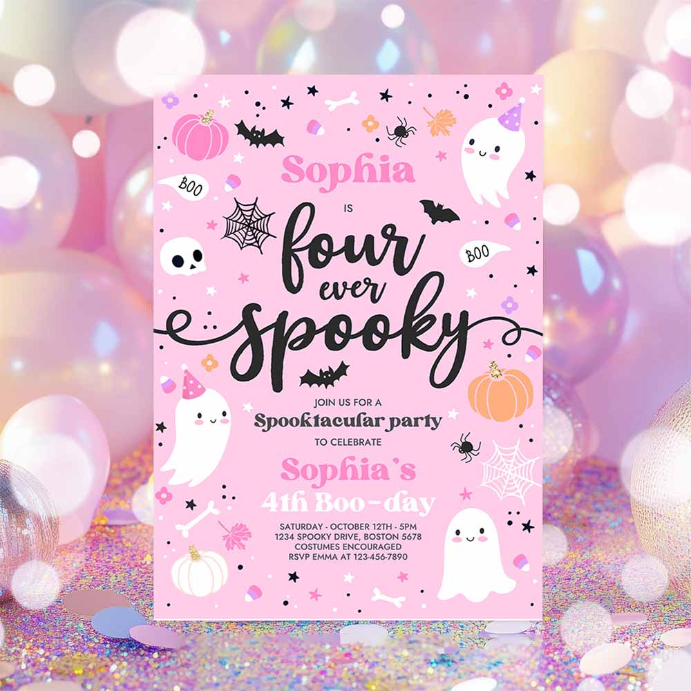 Four Ever Spooky Halloween Ghost 4th Birthday Party Invitation Cute Pink Ghost 3rd Birthday Spooktacular Party