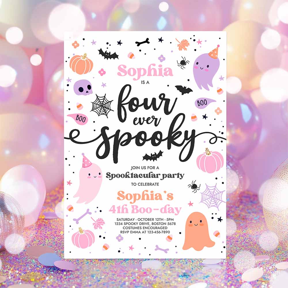 Four Ever Spooky Halloween Ghost 4th Birthday Party Invitation Cute Pink Ghost 3rd Birthday Spooktacular Party