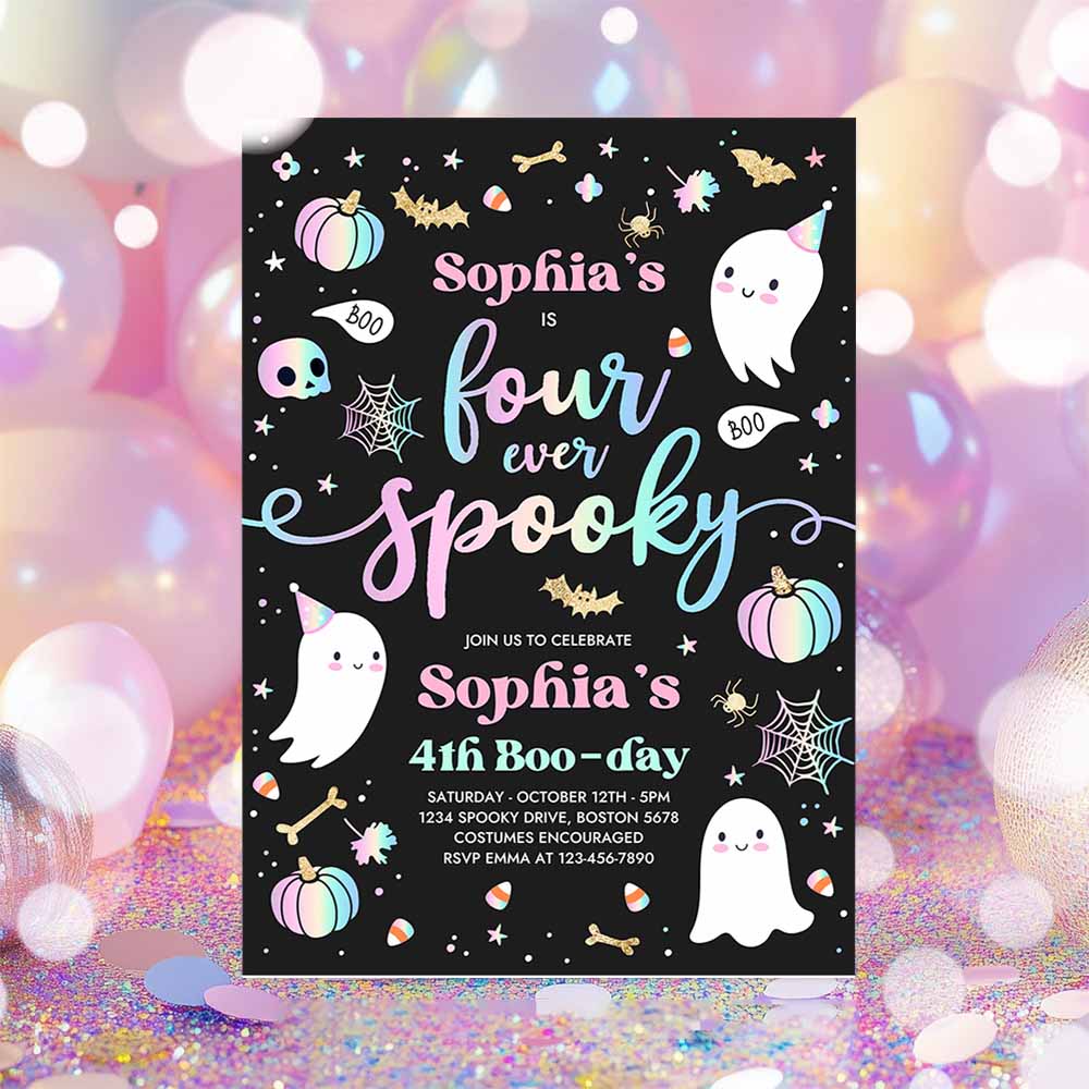 Four Ever Spooky Halloween Ghost 4th Birthday Party Invitation Cute Pink Ghost 4th Birthday Spooktacular Party