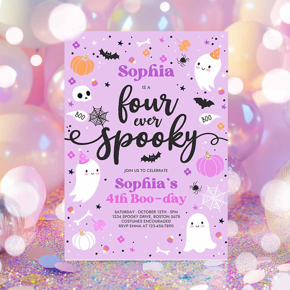 Four Ever Spooky Halloween Ghost 4th Birthday Party Invitation Purple Ghost 4th Birthday Spooktacular Party