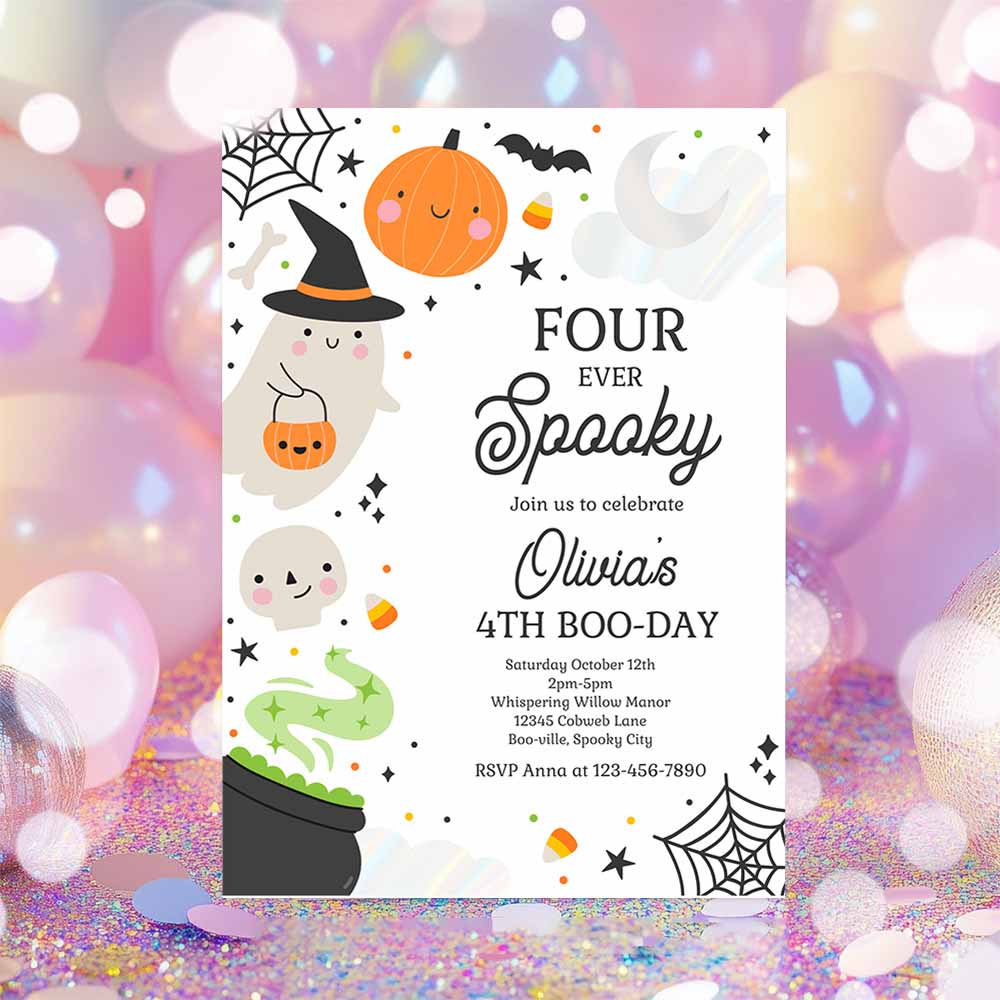 Four Ever Spooky Halloween Ghost 4th Birthday Party Invitation Spooktacular Ghost Halloween Birthday Party