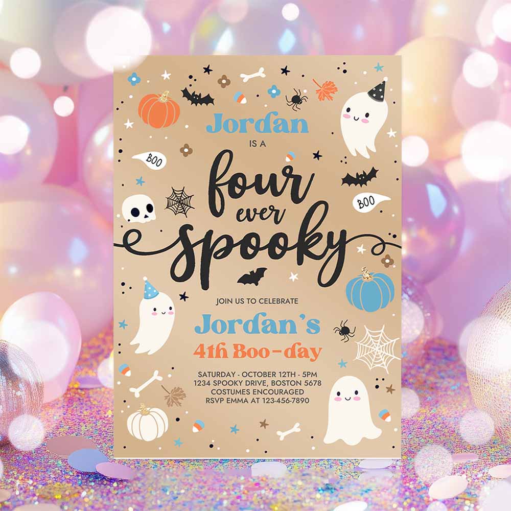 Four Ever Spooky Halloween Ghost 4th Birthday Party Invitation Vintage Ghost 3rd Birthday Spooktacular Party