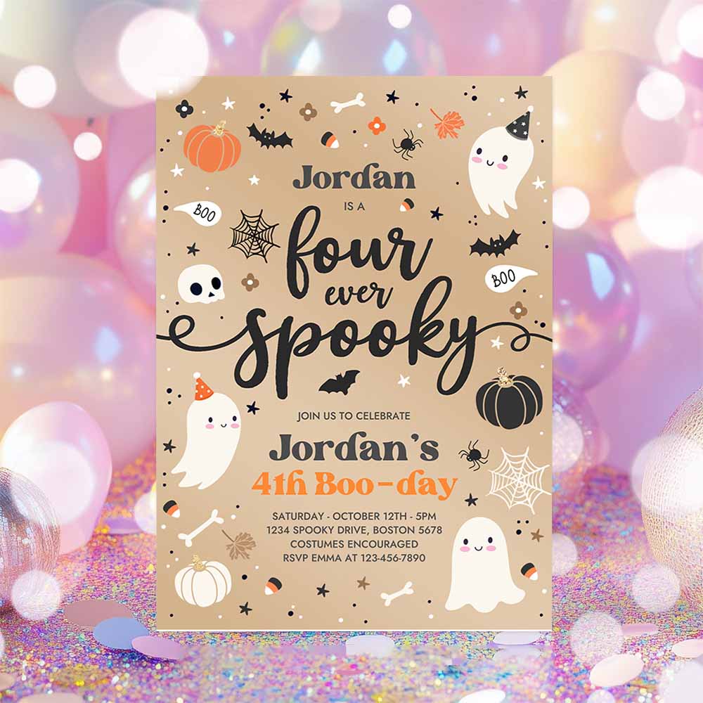 Four Ever Spooky Halloween Ghost 4th Birthday Party Invitation Vintage Ghost 3rd Birthday Spooktacular Party