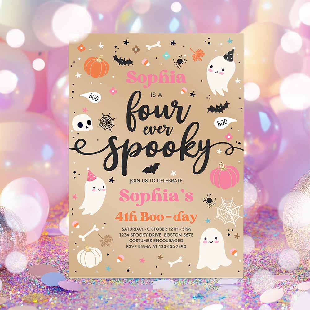 Four Ever Spooky Halloween Ghost 4th Birthday Party Invitation Vintage Ghost 4th Birthday Spooktacular Party