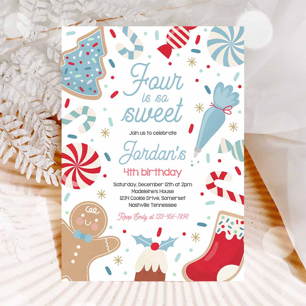 Four Is So Sweet Christmas Cookie 4th Birthday Party Invitation Holiday Cookie Gingerbread 3rd Birthday Party