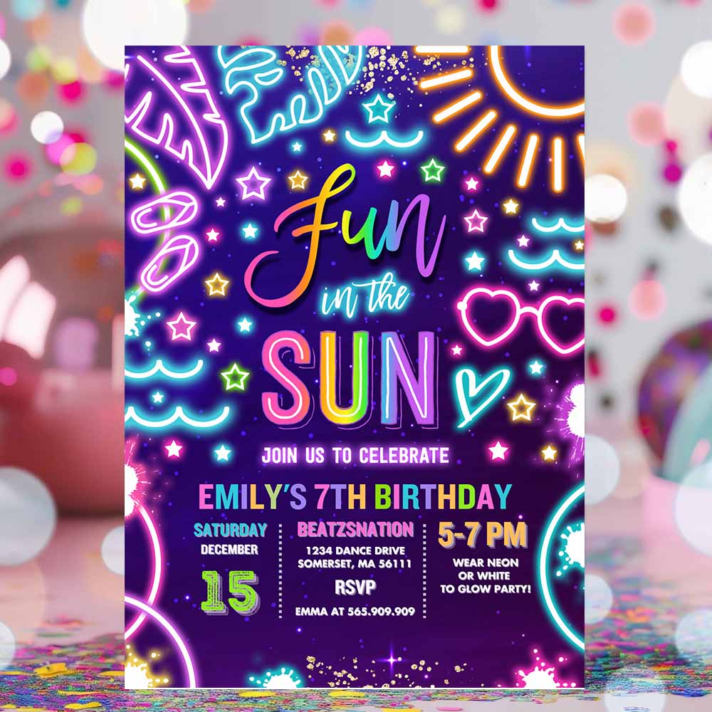 Fun In The Sun Pool Birthday Party Invitation Glow Neon Tie Dye Summer Waterslide Waterpark Pool Party