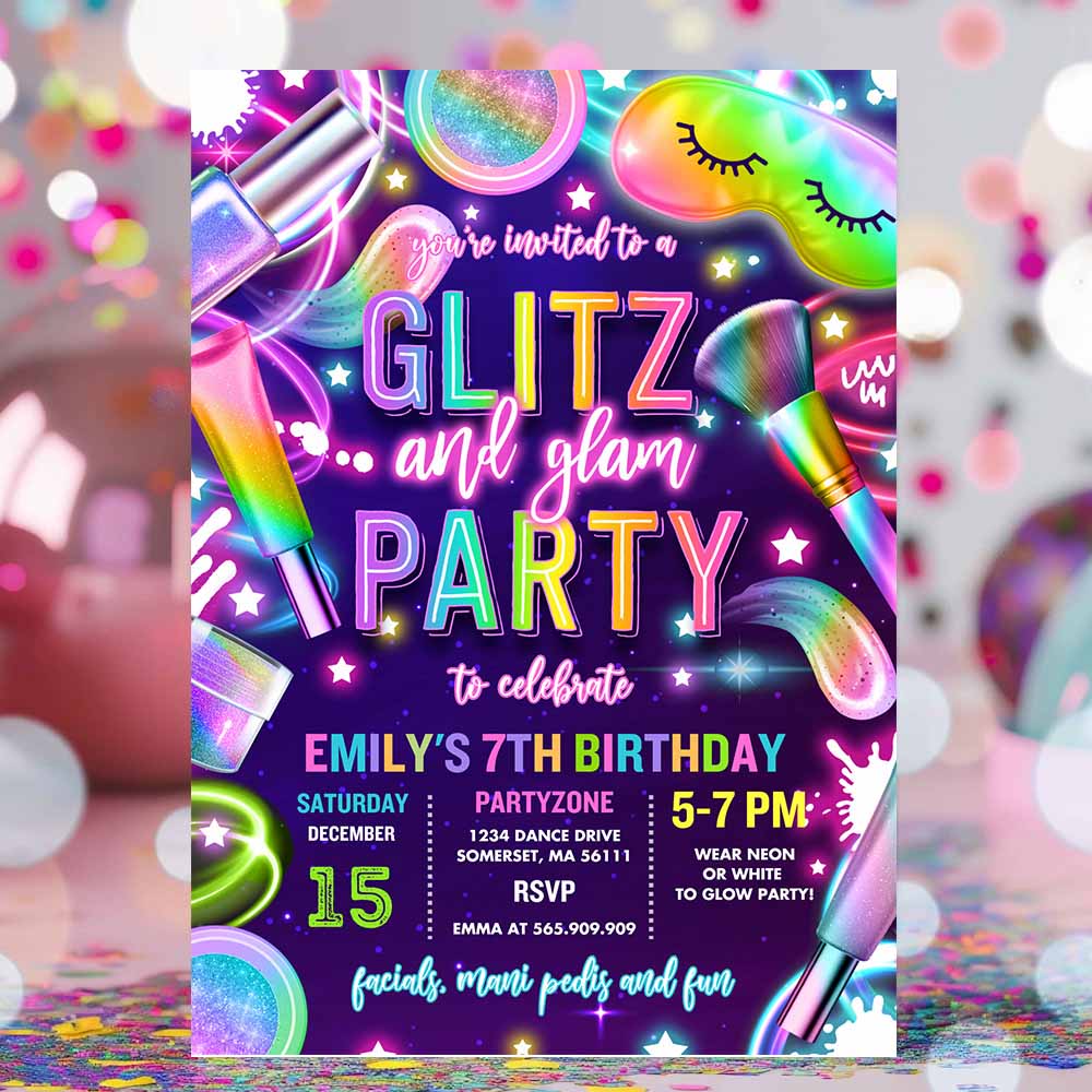 Glitz And Glam Spa Makeup Birthday Invitation Neon Glow Spa Party Invitation Glam Makeup Glow Birthday Party