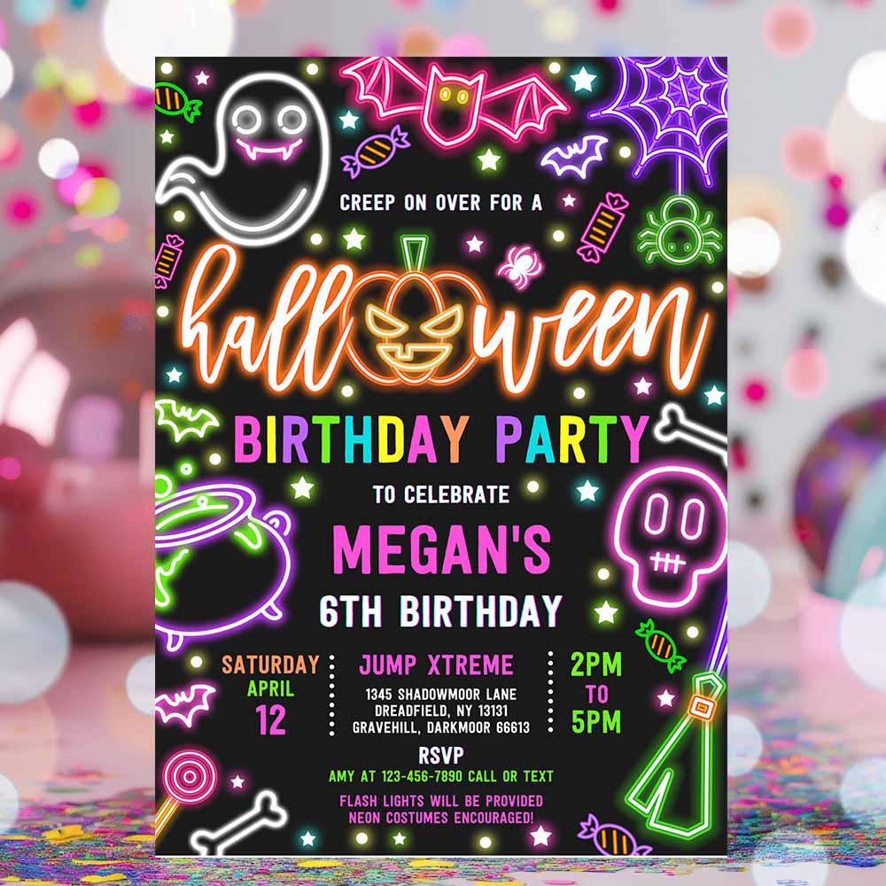 Glow In The Dark Halloween Birthday Party Invitation Neon Halloween Birthday Glow Halloween Spooktacular Party