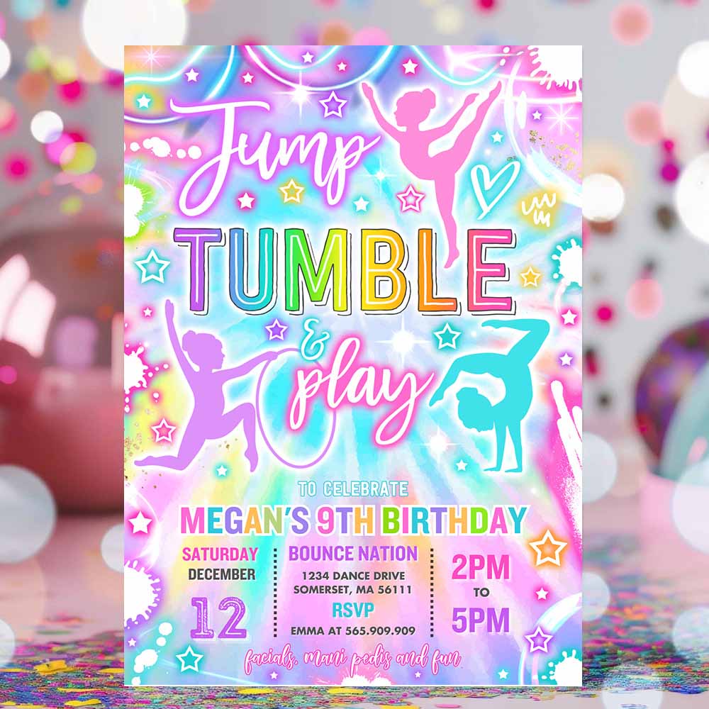 Gymnastics Birthday Party Invitation Neon Glow Gymnastics Party Jump Tumble & Play Gymnastics Birthday Party