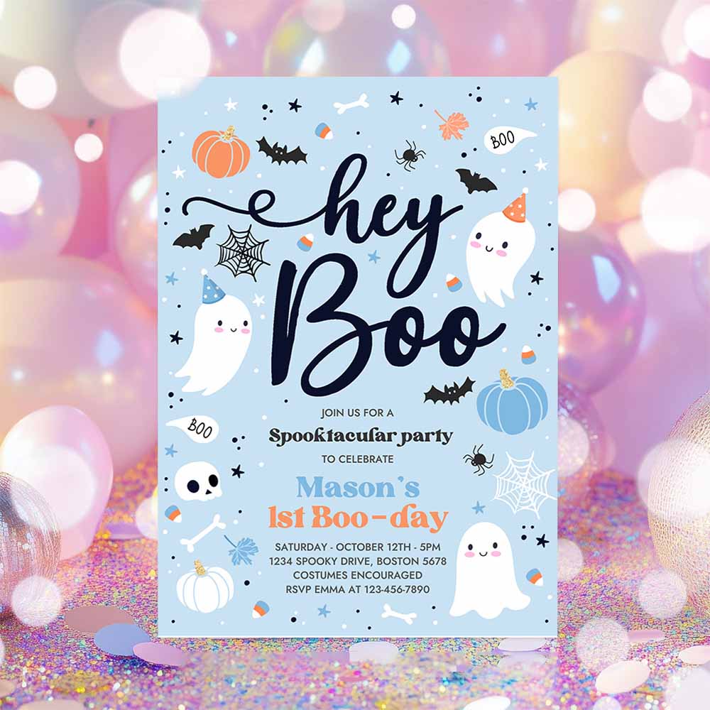 Halloween Boy Ghost Birthday Invitation Hey Boo Cute Blue Ghost Birthday Party Spooktacular Halloween Party