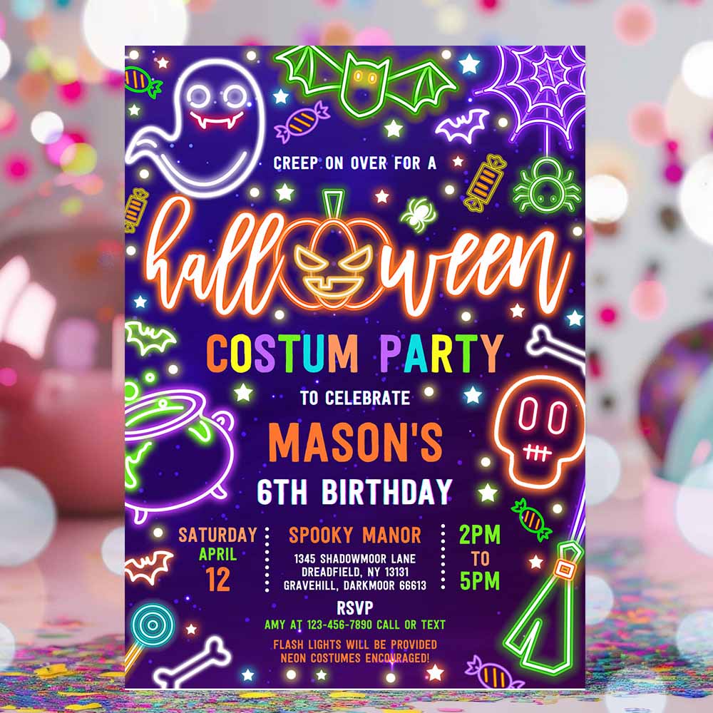 Halloween Costume Birthday Party Invitation Glow Neon Halloween Spooktacular Birthday Party Invitation