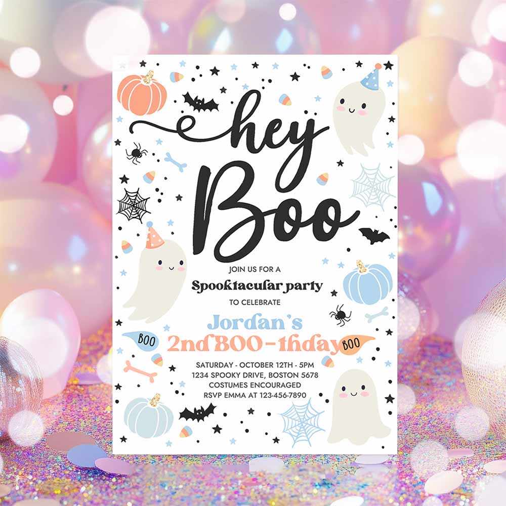 Halloween Hey Boo Birthday Party Invitation Cute Boy Ghost Birthday Party Spooktacular 2nd Birthday