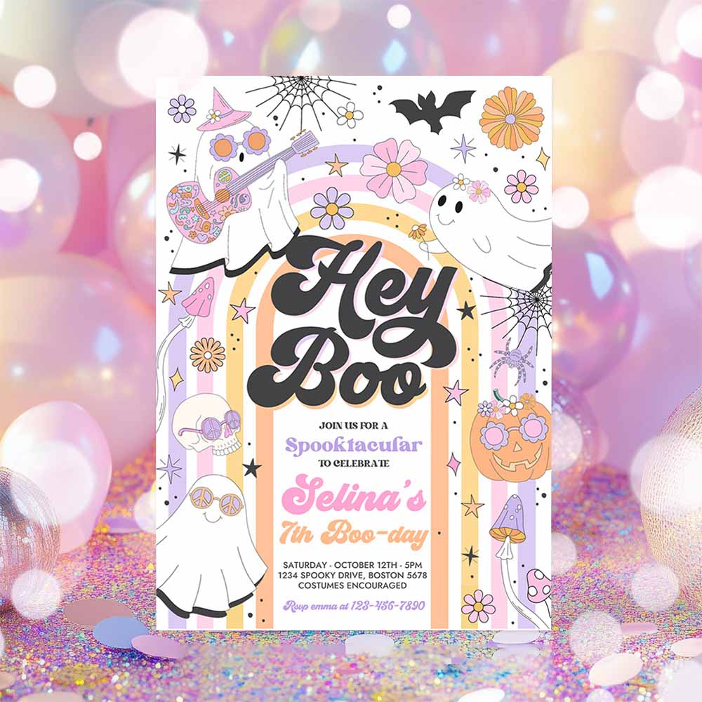 Halloween Hey Boo Cute Ghost Birthday Party Invitation Retro Groovy Rainbow Ghost Birthday Hippie Halloween