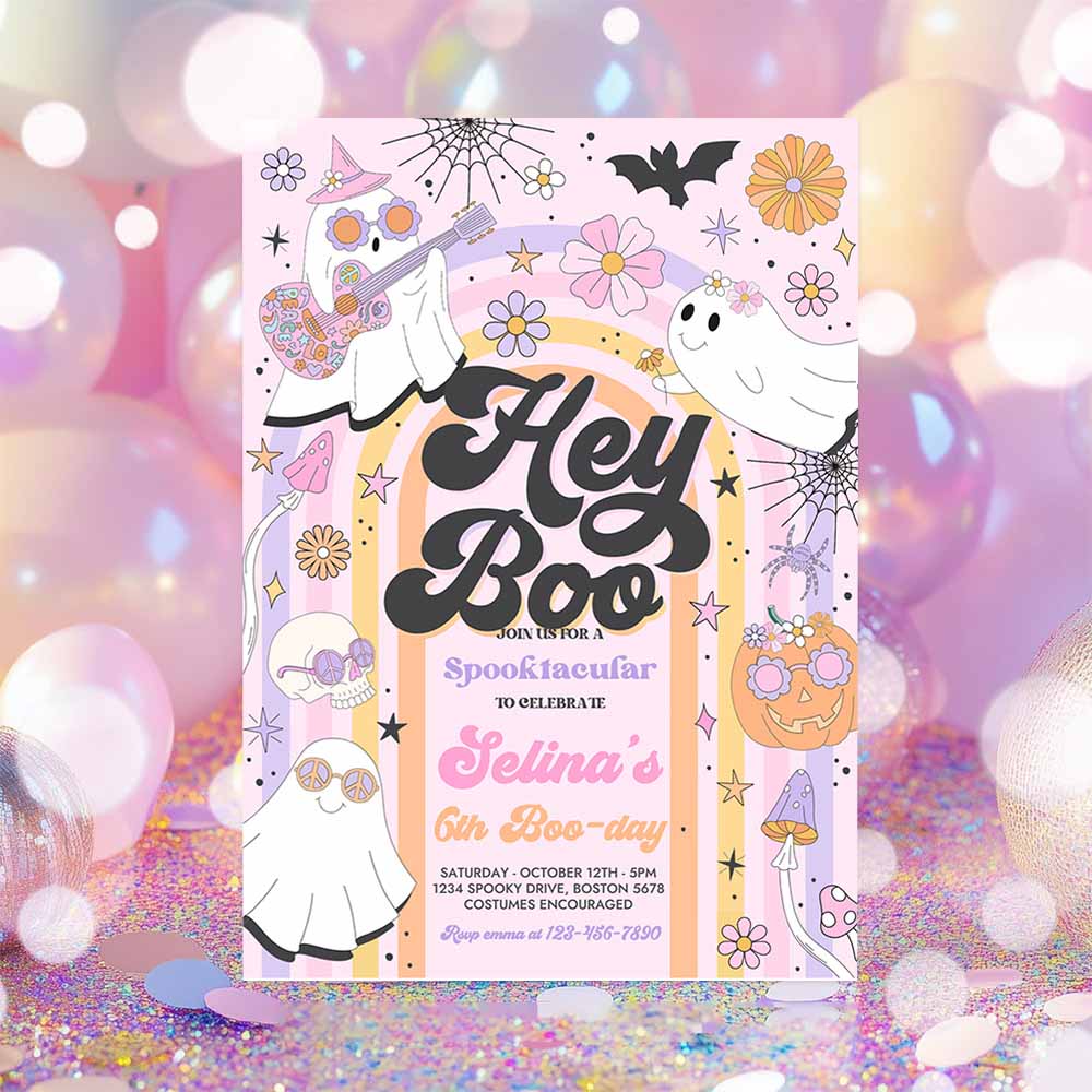 Halloween Hey Boo Cute Ghost Birthday Party Invitation Retro Groovy Rainbow Ghost Birthday Hippie Halloween