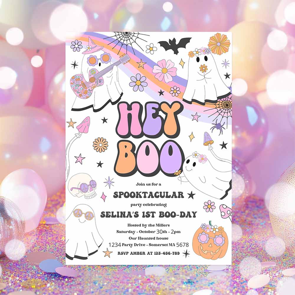 Halloween Hey Boo Cute Ghost Birthday Party Invitation Retro Groovy Rainbow Ghost Birthday Hippie Halloween