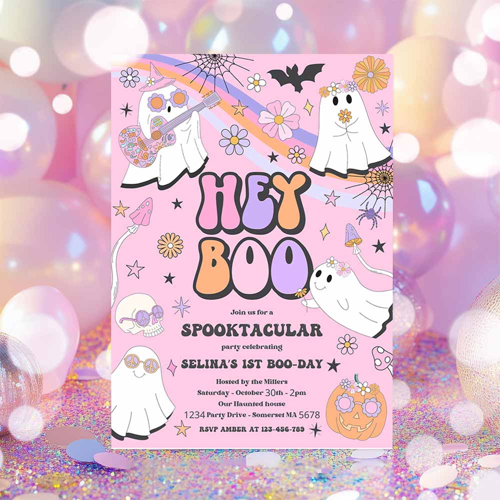 Halloween Hey Boo Cute Ghost Birthday Party Invitation Retro Groovy Rainbow Ghost Birthday Hippie Halloween