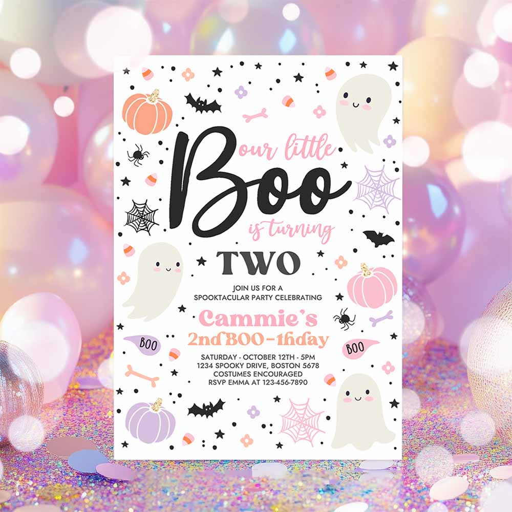 Halloween Little Boo 2nd Birthday Party Invitation Cute Pink Ghost 2nd Birthday Spooktacular 2nd Birthday